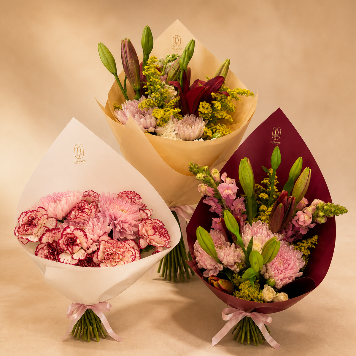 Tres ramos distintos de la Membresía de Flores DAYROSSE