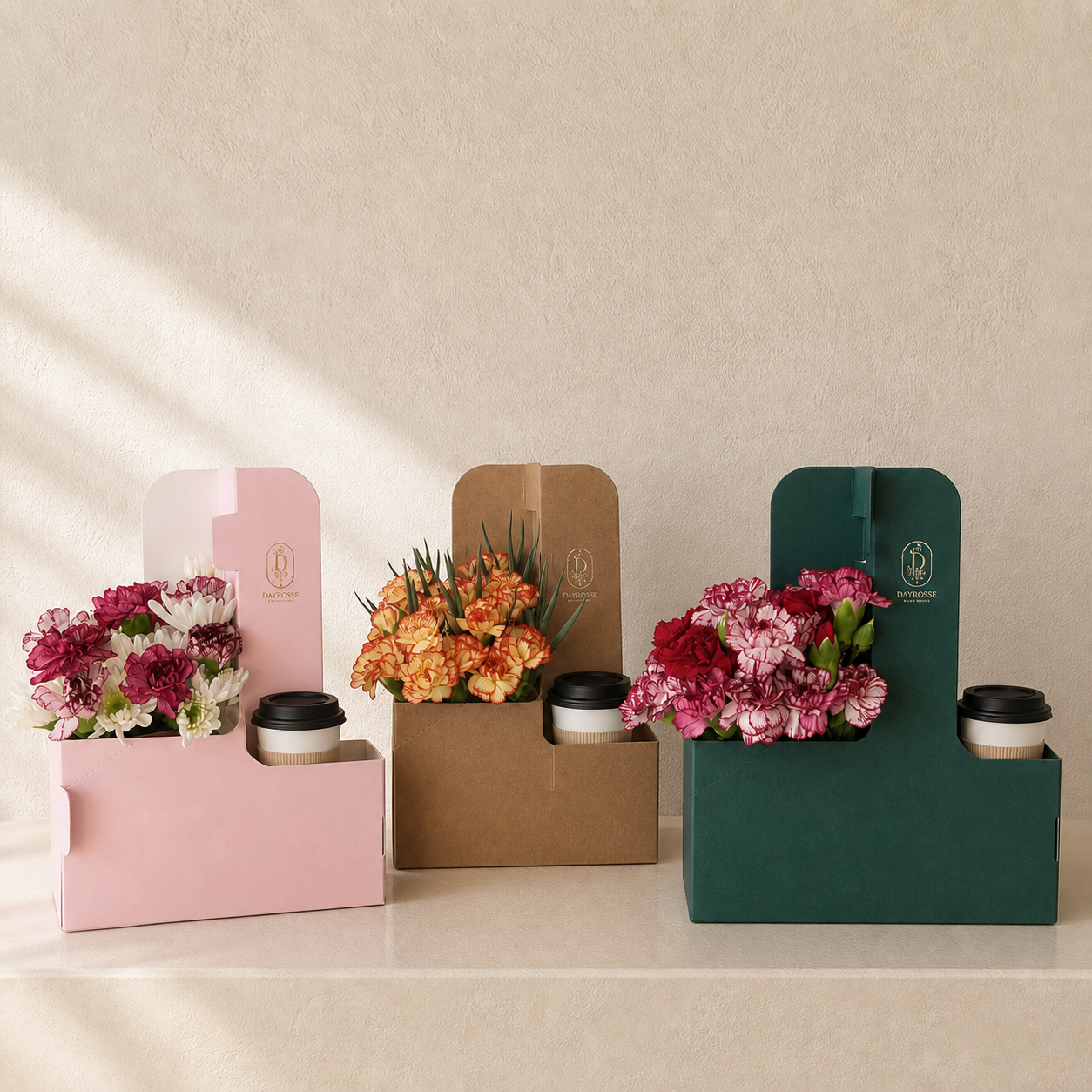 Tres cajas DAYROSSE con flores de temporada y bebida con tapa negra