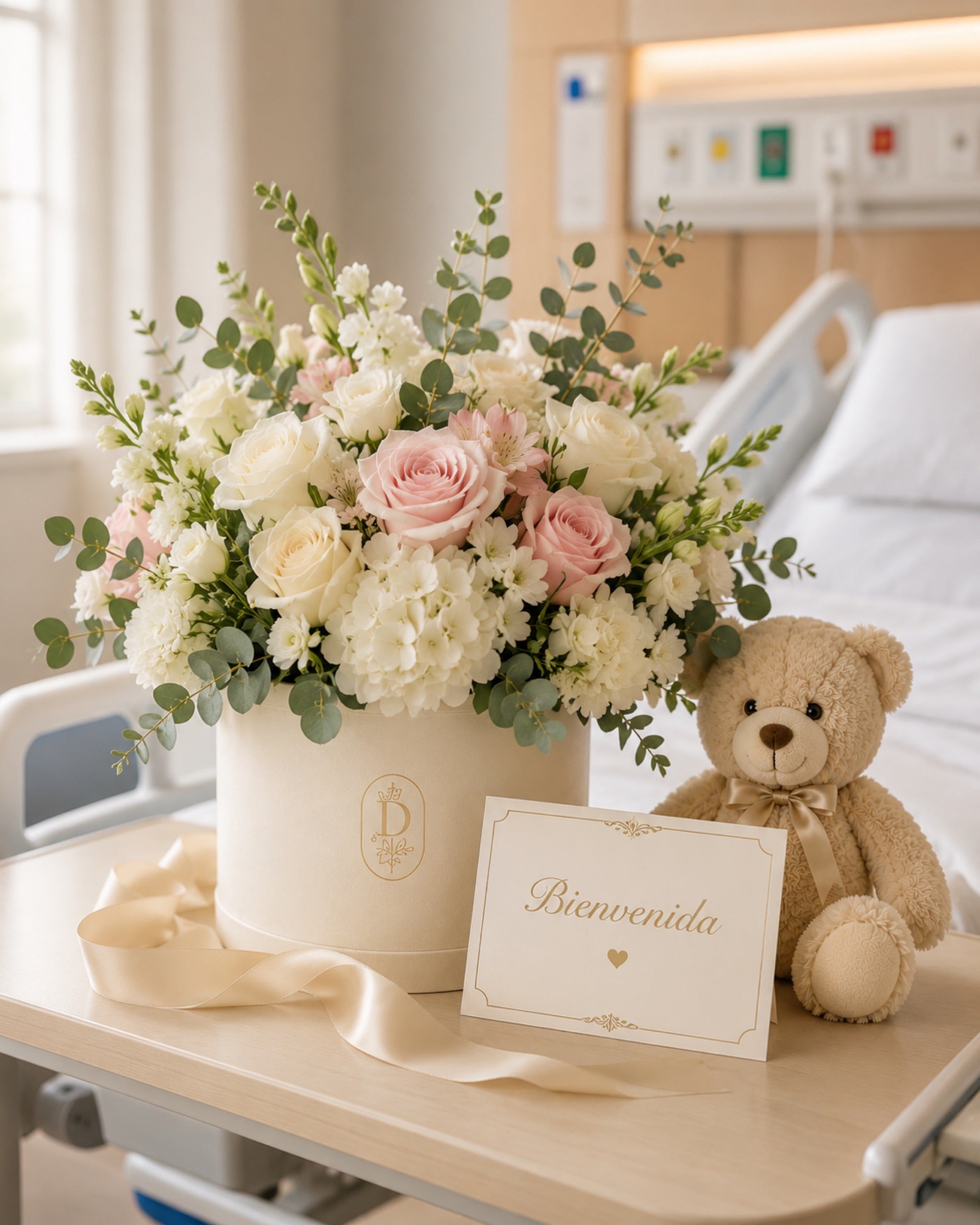 Arreglo floral con teddy bear y tarjeta