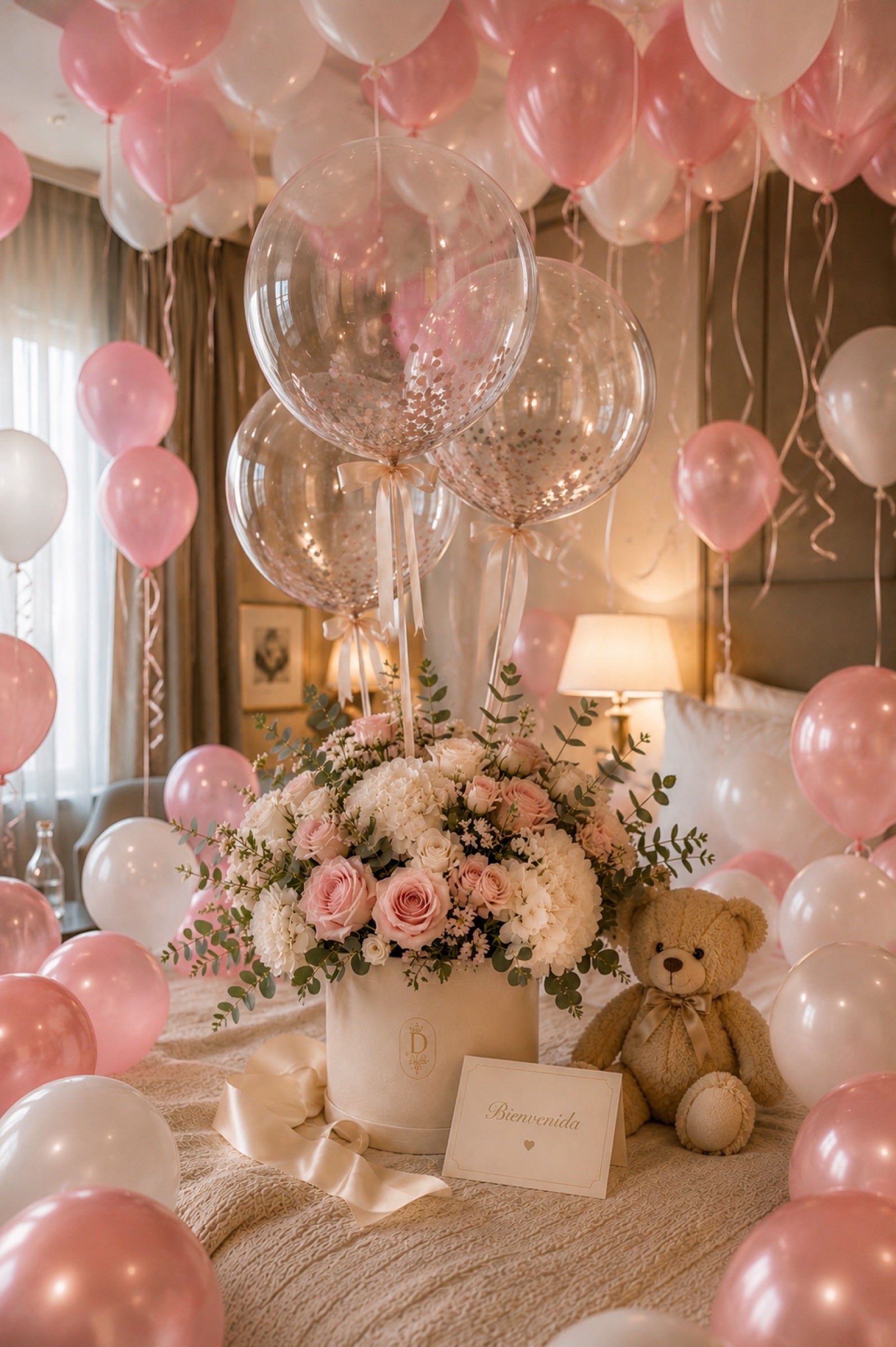 Bienvenida sorpresa con flores y globos — Dayrosse